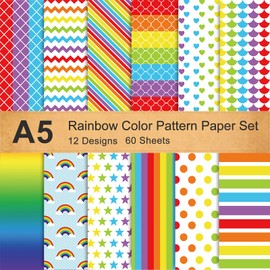 Whaline Rainbow Color Paper Set Colorful Heart Star Stripe Wave Pattern Craft Scrapbook Paper Double-Sided Origami Paper A5 Size Decorative Paper for Gay Pride Card Die Cuts Making, 60 Sheet