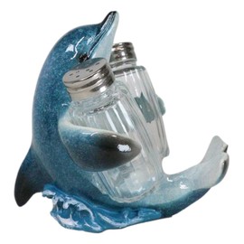 Ebros Gift Nautical Ocean Marine Blue Dolphin Riding Sea Waves Hugging Salt And Pepper Shakers Holder Figurine Stand For Coastal Beach Marine Wildlife Dolphins Enthusiasts
