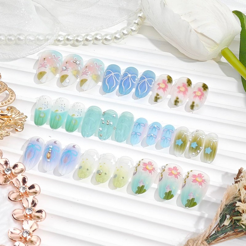 24Pcs Spring Press on Nails Medium Almond French Tip Fake