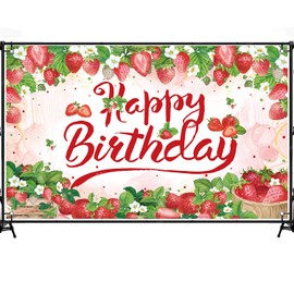 Fondo de fiesta de cumpleaños de fresas de 6 x 3.6 pies, telón de fondo de fresa rosa para decoración de fiesta de cumpleaños de niñas, fotografía de fresas, decoraciones de fondo de feliz cumpleaños.
