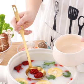 Buyer Star 2 Pcs Soup Ladle Spoons, Gold Cookware Serving Long Handle Steel Slotted Spoon Cooking Utensil Set for Hotpot