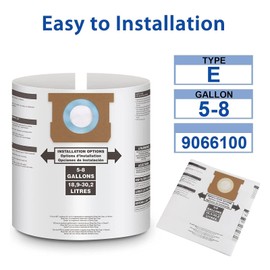 5 Pack Shop Vac Bags, Replacement Vacuum Filter Bags, Wet Dry Fine Dust Disposable Collection,Replace Part Type E H 90662,90672,VF2005,9066233 (5-8 Gallon, 5-8 Gallon)