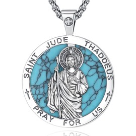 Exltoy 925 Sterling Silver Saint Jude Necklace, St Jude Miraculous Medal Necklace, Patron Amulet San Judas Pendant, Turquoise Jewelry Catholic Gifts for Men Women 22+2" Chain (With Gift Box)