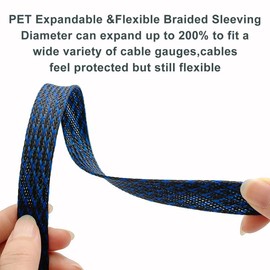 25ft-1/4inch PET Expandable Braided Sleeving Wire Loom Cable Sleeves Automotive Wire Sleeve Cable Management Wrap Wire Protector Tubing Desk Wire Organizer for Home,Office,Audio HDMI Cable,Black&Blue