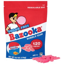 Bazooka Bubble Gum Sugar-Free Chewing Gum Pellets, Bulk Gum in Resealable Bag, 120 Ct in Original Pink Flavor, Sugar Free Bulk, Baseball Party Favors, Nostalgic 90s Candy