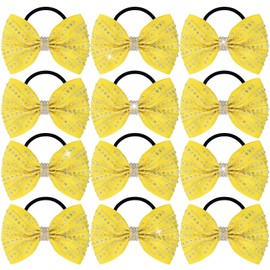 OAOLEER 12PCS Glitter Cheer Hair Bows for Cheerleading, Cheer Bow with Ponytail Holder for Teen Girls Cheerleader (Yellow)