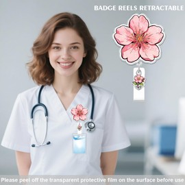 Cute Cherry Blossom Flower Badge Reel for ID Card, Funny Retractable Nurse Alligator Clip Badge Reel for Women and Man, ID Name Tag Badge Holder for Office School Hospital Nurses Doctors Teachers