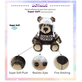 DolliBu Plush Grizzly Bear Stuffed Animal - Soft Plush Huggable Brown Grizzly Bear Wearing Hat & Sweater, Adorable Toy Wild Life Cuddle Gifts for Kids and Adults - 9 Inch