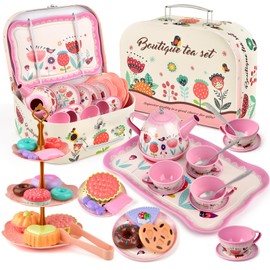 Juego de té de flores para niñas pequeñas, regalo de cumpleaños para niños de 3 a 4 a 5 a 6 años, juguetes de fiesta de té para niñas pequeñas, juguete de simulación de cocina con juego de té de estaño, postres y estuche de transporte