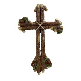 Ebros Gift 13.5" Tall Rustic Western Rugged Tree Logs With Pine Cones Wall Cross Decor Hanging Sculpture Catholic Christian Country Cabin Lodge Accent Decorative Crosses