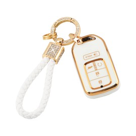 PIFOOG Key Fob Cover for 5 Buttons Car Keys Case TPU Accessories for Accord Civic CRV Pilot Passort Insight Smart Key Protector Bling Keychain Girly Women White Gold