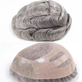 HAPPY&CC Grey Toupee for Men Indian Human Hair System 8x10 inch Hairpiece for Men Fine Mono with Thin Skin Hair Replacement 35% #5 Brown color with 65% Gray Hair Mens Toupee