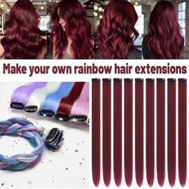TOFAFA 22 inch Colored Hair Extensions, Colorful Party Highlights Clip in Synthetic Hair Extensions, Burgundy Color Long Straight Hairpieces for Girls Women Kids Favor Gift(10 PCS Wine Red)