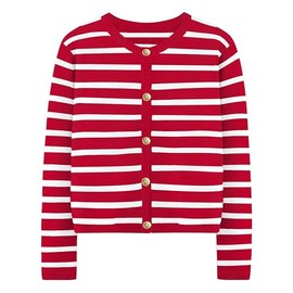 Oyamiki Women's Cropped Button Down Stripe Jumpers Red Cardigan Crew-Neck Open Front Sweaters S
