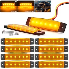 3.8" Strobe+Steady Marker Lights Strip Dual Function Amber Trailer LED Side Clearance Tail Griller Flash Lights 12V Turn Signal Warning Waterproof Light for Trailer Truck Van RV ATV Bus, 10Pcs