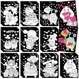 Zhanmai 30 Pcs Valentine's Day Coloring Posters Monster DIY Valentines Crafts Bulk Color Your Own Heart Monster Posters DIY Crafts for Holiday Home School Activities