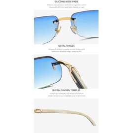 HEPIDEM 100% Really Buffalo Horn Handmade Sun Glasses Square Rimless Luxury Sunglasses 0816 (White Black, 58)