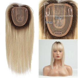 QIANCHUN Human Hair Silk Base Topper Clip in 10x13cm Head Top Replacement 30cm Straight Wiglet with Neat Bangs Brown Ombre Light Blonde