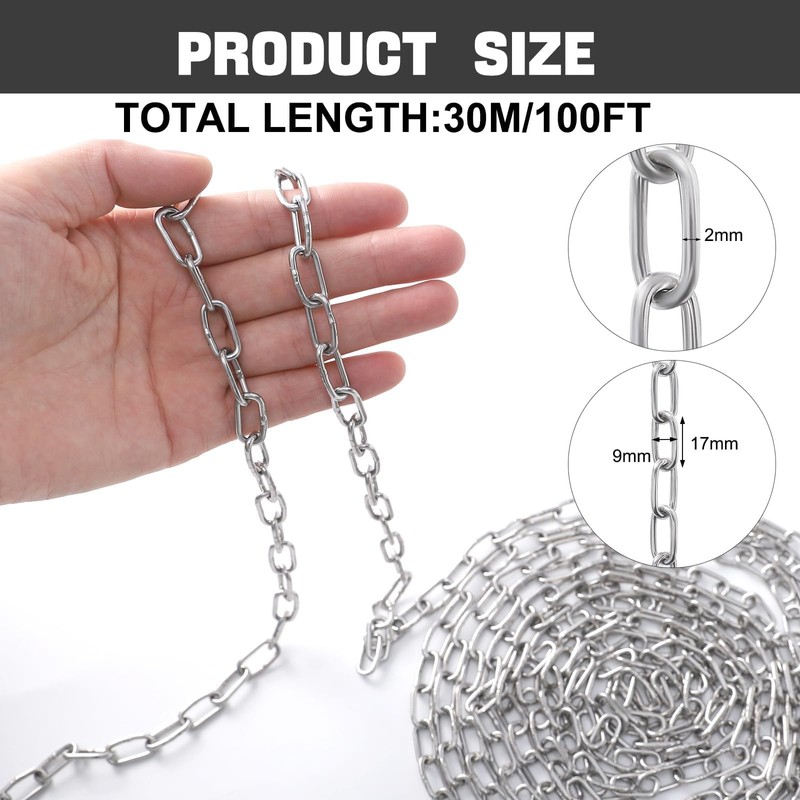 100 ft 1/12" Stainless Steel Hanging Chain Metal Chain Link