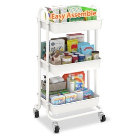 3 Tier Rolling Cart Plastic, Easy Install Utility Cart on Wheels, Heavy Duty Storage Cart with Lockable Wheels for Baby Nursery, Bathroom, Kitchen, Laundry Room, White