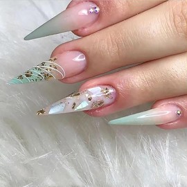 Press on Nails Pointed Almond Shaped Glossy Full Cover Acrylic Almond Medium Length False Nails with Gradient Designs Artificial Fake Nails Glue ons Almond Nails Stick on Fingernails for Women Girls
