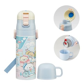 Skater SKDC4-A Children's Stainless Steel Water Bottle, 2-Way Direct Drinking, 16.5 fl oz (470 ml), Cup Drinking, 15.2 fl oz (430 ml), Kid-friendly Lightweight Type, Shirokuma Furusato, Girls, Thermal