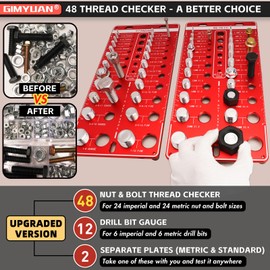 GIMYUAN 48 Thread Checker, Nut and Bolt Thread Checker, 24 Standard & 24 Metric Thread Size, 12 Drill Bit Gauge, Wall Mount Thread Identifier Board, Red