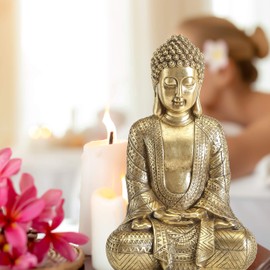 WHW Whole House Worlds Golden Temple Buddha 15.25 Inch Tall Figure of Seated Padmasana Buddha, Museum Quality Sculpture, Reproduction Art from The Serenity Collection