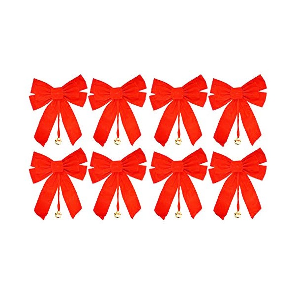 Set of 8 Large Red Velvet Christmas Bows with Dangling Metal Bell - Measures - 10" x 15" Indoor Use Only