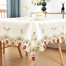 Wolkemer Jacquard Floral Embroidered Square Tablecloth Fabric Vintage Rose Table Cloth Lace Beige Table Cover for Wedding Dinning Party 52 x 52 Inch