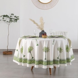 Labhanshi Green Palm Block Print Round Table Cloth|Indian Round Floral Cotton Table Cover 120 Inch 12-Seater Spring Easter Kitchen Dining Tablecloth|Patio Table Cover for Event Wedding Banquet Parties