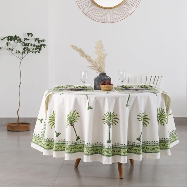 Labhanshi Green Palm Block Print Round Table Cloth|Indian Round Floral