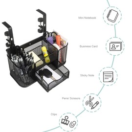 AKBFOX Clamp on Under Desk Mesh Pen Holder Organizer Desktop Office Supplies with 5 Compartments + Drawer for Home, School, Classroom