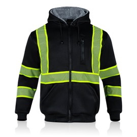 WISIGO High Visibility Safety Jacket ANSI Class 3 Reflective Zipper Hooded Sweatshirt for Men Work Construction(Black,5XL)