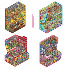 Game Theme 3D Miniature Scene 4 Sets of Stickers,DIY House Sticker Scene with Tweezers Make Your Own Cute Cartoon Sticky Pack for Adults Girls Relief Stress Pass The Time,Party Favors Birthday Gift