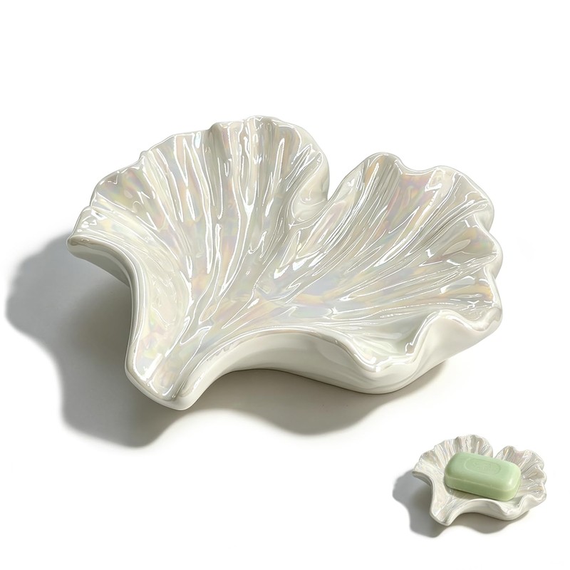 Ceramic Ginkgo Soap Dish, Self-Draining Tray White