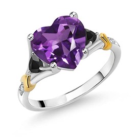 Gem Stone King 925 Silver and 10K Yellow Gold Purple Amethyst Black Onyx and White Diamond Engagement Ring For Women | 3.41 Cttw | Heart Shape 10MM (Size 8)