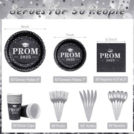 Graduation Party Supplies Plates and Napkins Serve 50,Prom Send off 2025 Disposable Paper Plates and Napkins Set Cups Knives Spoon for Class of 2025 Graduation Party Decorations Black and Silver