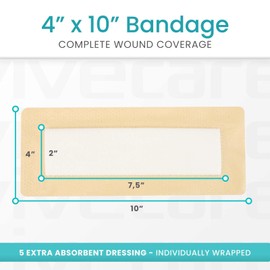 ViveCare Silicone Foam Dressing 4x10 with Border Adhesive - Bed Sore Bandage Foam Wound Dressing - Silicone Bordered Foam Dressing with Adhesive Border - Pressure Sore & Ulcer Wound Patches (5 Pack)