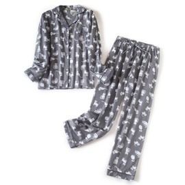 CHUNG Women Brushed Cotton Pyjamas Set Long Sleeve Button Down Tops Pants Flannel Sleepwear Lounge Cozy Warm Winter Plus Size Grey Cat S
