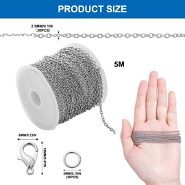 5 m Chains, 2.4 mm Stainless Steel Cable Chain, Silver Necklaces, Craft Link Chain, Silver DIY Chain with 30 Lobster Clasp and 60 Jump Rings, Twisted Chains Curb Chains for DIY Jewellery Making