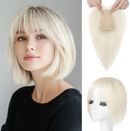 REECHO Human Hair Toppers with Bangs, Thick Hair Volume Topper Hairpiece for Women Real Human Hair Extensions for Daily Wear, White Blonde