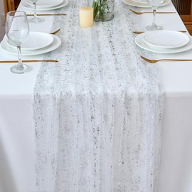 CHUQING Table Runner Silver Glitter 70 cm x 3 m Chiffon Table Runner Wedding Table Decoration Transparent Table Runner
