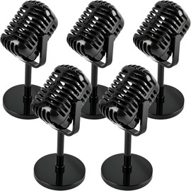 Flahard 5 Pcs Microphone Props Model Retro Vintage Microphone Prop with Stand Fake Microphone Pretend Mic Centerpiece for Hip Hop Cosplay Music Party Decorations (Silver)