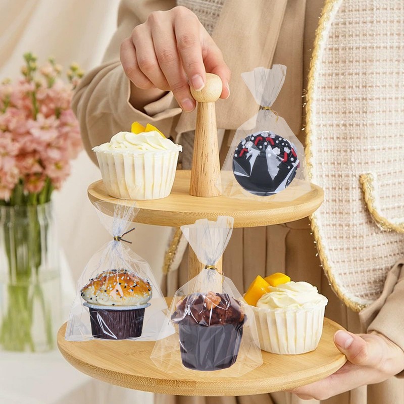 ROSPAKTEK 100 Pcs 5x6.5 Cellophane Muffin Bags with Gold Twist