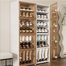 8-Tier Foldable Shoe Rack Heavy Duty - Extra Thick Stackable Shoe Storage Cabinet with Magnetic Clear Doors, Sturdy Plastic Shoe Organizer for Closet Entryway, Holds 16 Pairs (Easy Assembly)