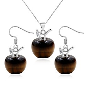 Vivaday Silver Color Apple Pendant Necklace Earrings Set for Women | Cubic Zirconia and Tiger Eye Stone Apple Charm Thoughtful Graduation and Mother's Day Jewelry Gift for Family Friends