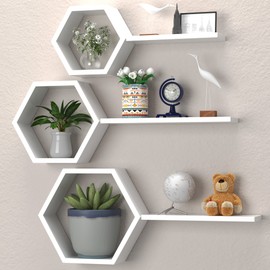 Wooden Hexagon Floating Shelves, Honey Comb Set of 6, Geometric Wall Decor for Bedroom, Living Room, Bathroom, Kitchen, Office - White Honeycomb Mounted Shelves