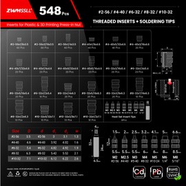 ZWMSSLL #2-56#4-40#6-32#8-32#10-24 Threaded Inserts-548 Pieces Assortment Kit+8xSoldering Tips for Heat-Set Insert,Brass Knurled Nuts for 3D Printing Components and Plastic Parts