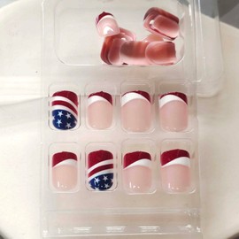 Short Press on Nails Square Independence Fake Nail Red White Stripe National Flag Design False Nails Pink Glue on Nails Glossy Glitter Full Cover Acrylic Nails Summer Stick on Nail for Women